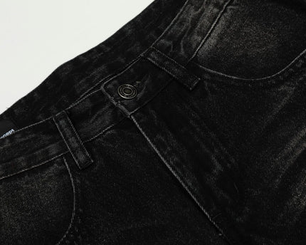 Style Washed Black Vintage Cat-Whisker Pattern Design Loose Knife Cut Jeans