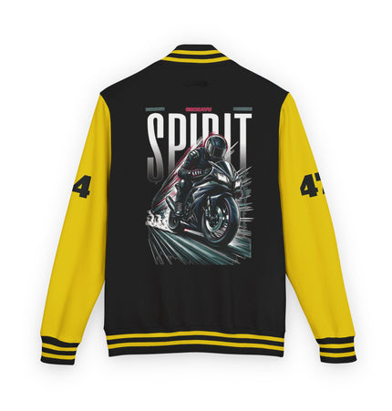 Unisex Heavyweight Letterman Jacket with Retro Motorcycle Design – Perfect for Spirit Events & Everyday Style
