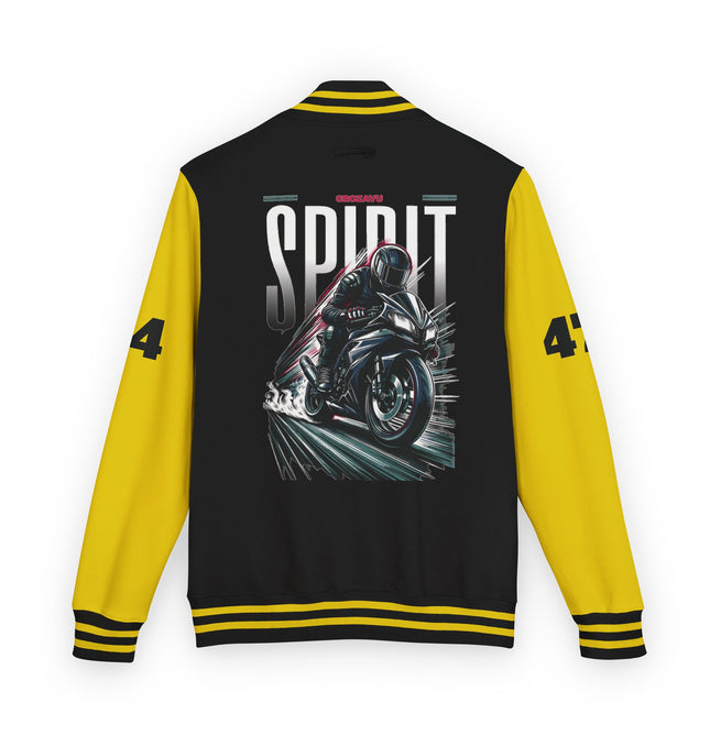 Unisex Heavyweight Letterman Jacket with Retro Motorcycle Design – Perfect for Spirit Events & Everyday Style
