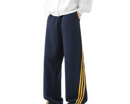 Pantalones de chándal pesados para hombres con patrón de tres rayas, pierna recta suelta, pantalones informales de otoño, diseño de pierna ancha y fluida