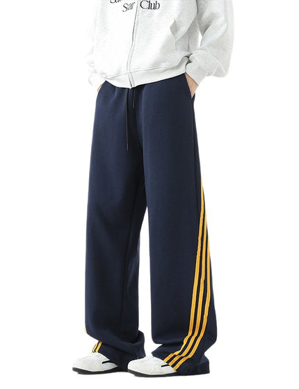 Heavyweight Track Pants for Men with Three-Stripe Pattern, Loose Straight Leg, Autumn Casual Sweatpants, Flowy Wide Leg Design