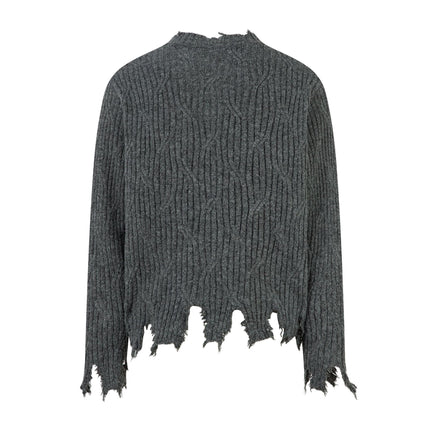 Ripped Hem Knit Cardigan – Loose Fit showcasing a distressed hem and relaxed silhouette in a soft knit fabric.