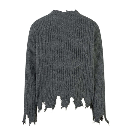 Back view of Ripped Hem Knit Cardigan – Loose Fit showcasing distressed design and textured fabric.