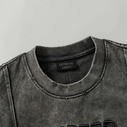 Retro Washed Pocket Embroidery T-Shirt – Loose Fit close-up of neckline and fabric detail.