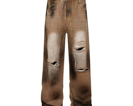 Washed Tie-Dye Distressed Denim Pants Loose Wide-Leg Straight Long Pants