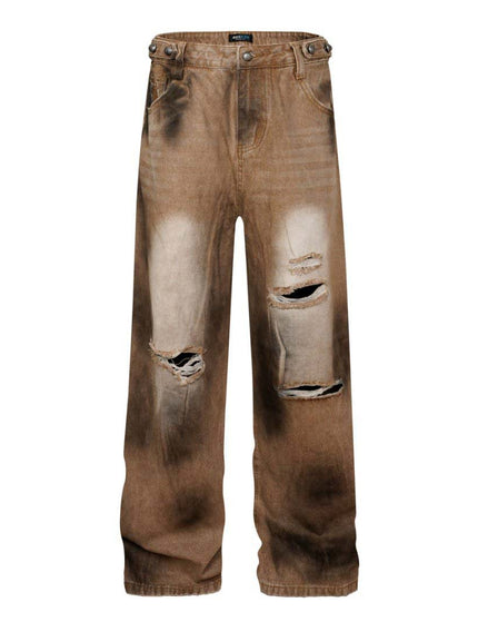 Washed Tie-Dye Distressed Denim Pants Unisex Loose Wide-Leg Straight Long Pants