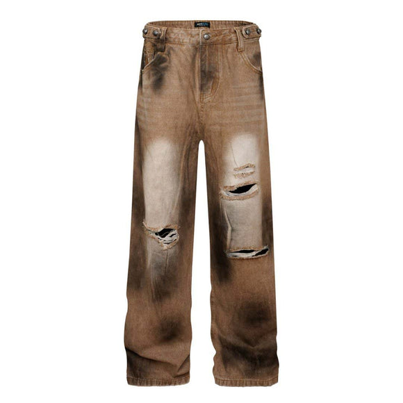 Washed Tie-Dye Distressed Denim Pants Unisex Loose Wide-Leg Straight Long Pants