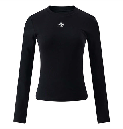 Long Sleeve Printed TShirt - Slim Fit in black with round neck and subtle snowflake design.