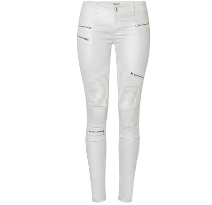 Grozavu White Faux Leather Multi-Zip Motorcycle Pants at €39.00