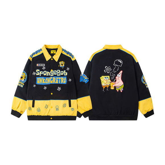 Casual Color Block Patchwork Baseball Jacket with Cartoon Embroidery, Loose Fit Moto Style for Men and Women