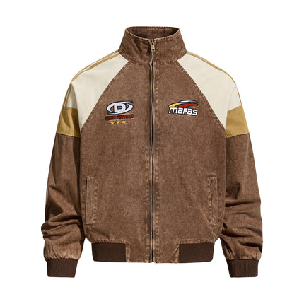 Vintage Distressed Patchwork Letter Embroidery Lapel Jacket, Unisex Loose Casual Couple  Versatile Outerwear