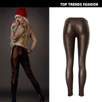 Grozavu Brown Faux Leather Multi-Zip Motorcycle Pants at €49.00