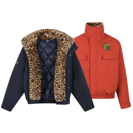 Leopard Style Fur Collar Jacket – Loose Fit featuring a plush leopard print collar and a red exterior for winter fashion.