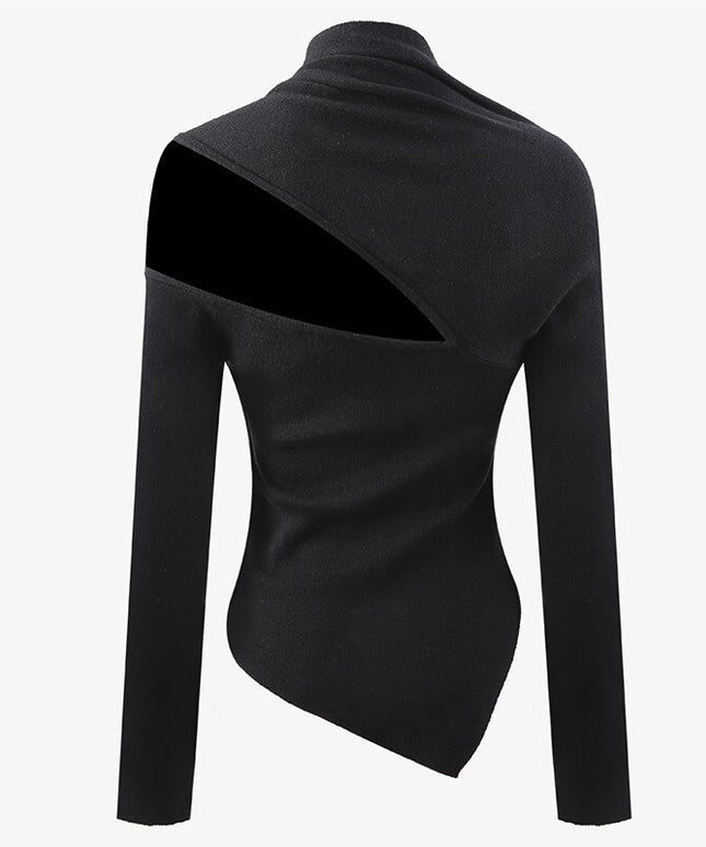 Grozavu's Asymmetrical Black T-Shirt: Slim Knitted Top Fashion