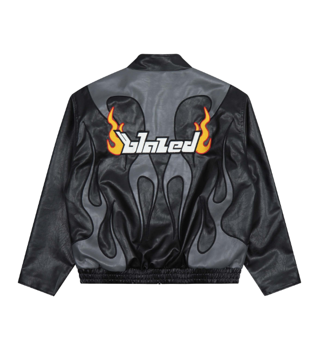 Grozavu's Flame Letter Leather Jacket: American Style for Men at €105.99