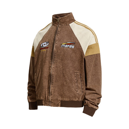 Vintage Distressed Patchwork Letter Embroidery Lapel Jacket, Unisex Loose Casual Couple  Versatile Outerwear