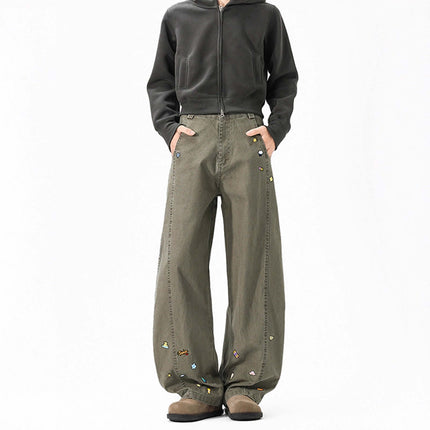 Loose Wide Leg Casual Long Pants worn by a model, featuring cartoon-inspired details and a modern wide-leg silhouette.