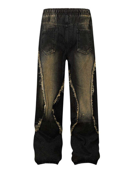 Retro Washed Distressed Patchwork Whisker Denim Pants