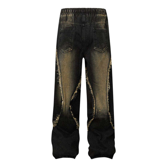 Retro Washed Distressed Patchwork Whisker Denim Pants Unisex Loose Wide Leg Straight Long Trousers