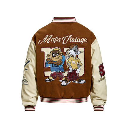 Winter  Retro Cartoon Cute Color-block Embroidered Jacket for Men and Women, Warm  Couple Cotton Coat Outerwear