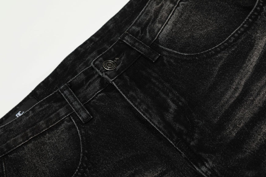 Style Washed Black Vintage Cat-Whisker Pattern Design Loose Knife Cut Jeans