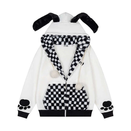 White checkered patchwork rabbit ear hoodie with Grozavu logo