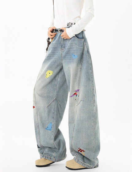 High Street Fun Patchwork Jeans Men Autumn Trendy Deconstructed Embroidered Knife Pants Cleanfit Washed Straight Leg Pants