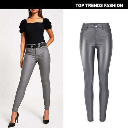 Grozavu Women's High-Waist Grey Faux Leather Skinny Pants at €49.00