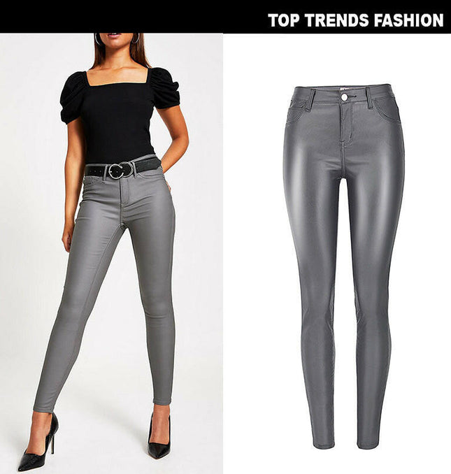 Grozavu Women's High-Waist Grey Faux Leather Skinny Pants at €49.00