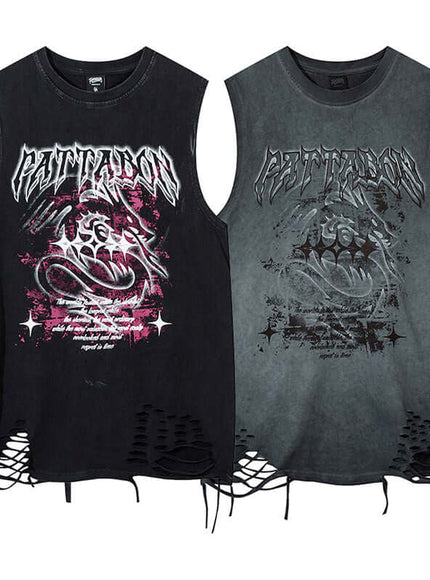 Model wearing Black washed distressed unique sleeveless t-shirt by Grozavu