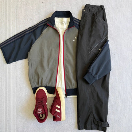 Retro Three-Stripe Raglan Sleeve Patchwork Stand Collar Sports Jacket Trendy Small Brand Loose Casual Outerwear Autumn Winter