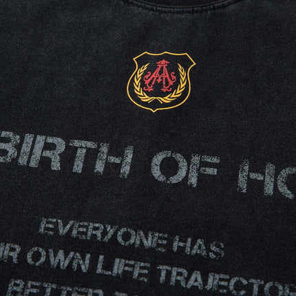 Retro Washed Badge Letter T-Shirt – Loose Fit featuring 'Rebirth of Hope' print with badge design.