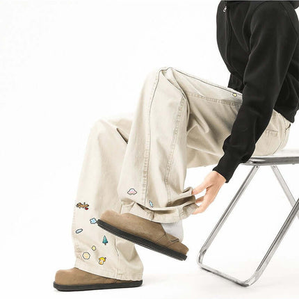 Loose Wide Leg Casual Long Pants worn casually with cartoon details, showcasing modern style and comfort.