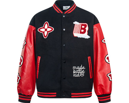 Jachetă de baseball din piele PU cu mânecă stil stradal și patchwork