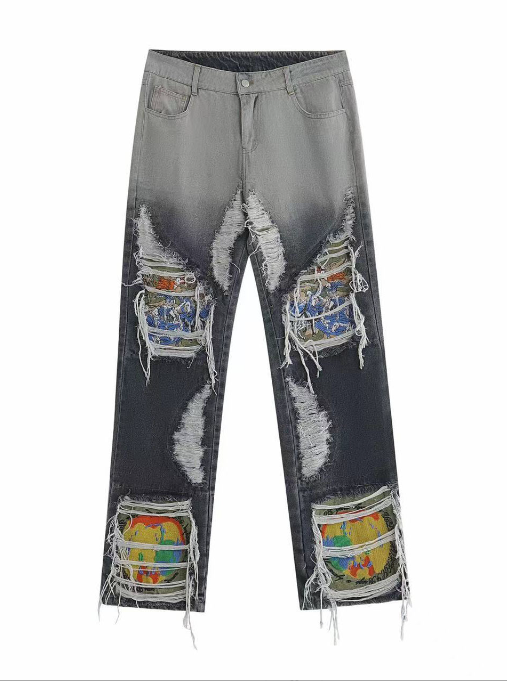 Grozavu Heavy Industry Embroidered Broken Hole Jeans: High Street Style