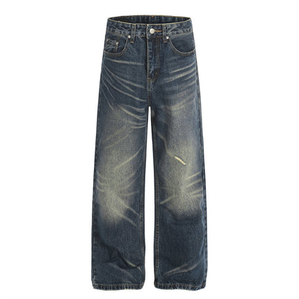 Vintage Men's Jeans, Distressed White Washed Straight Leg, Casual Loose Fit, Wide Leg Style, Fashion Brand Pants