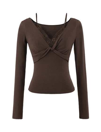 T-shirt à manches longues en dentelle torsadée pour femmes