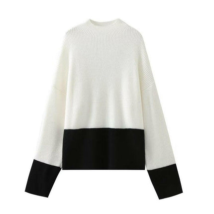 Grozavu: Patchwork Knitted Sweater, Slim Fit, Mock Neck, Long Sleeve at €44.99