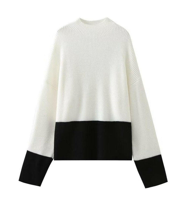 Grozavu: Patchwork Knitted Sweater, Slim Fit, Mock Neck, Long Sleeve at €44.99