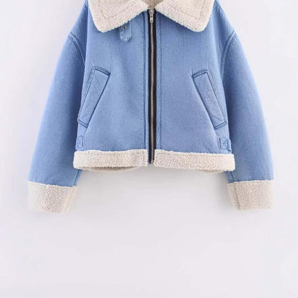 Loose Fit Short Zip Jacket in blue with a turn-down collar and full zipper closure, designed for everyday comfort.