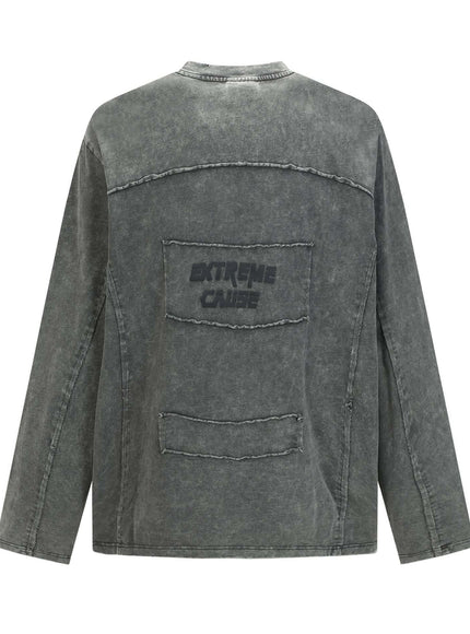 Back view of Gray washed fringed deconstructive functional hoodie by Grozavu