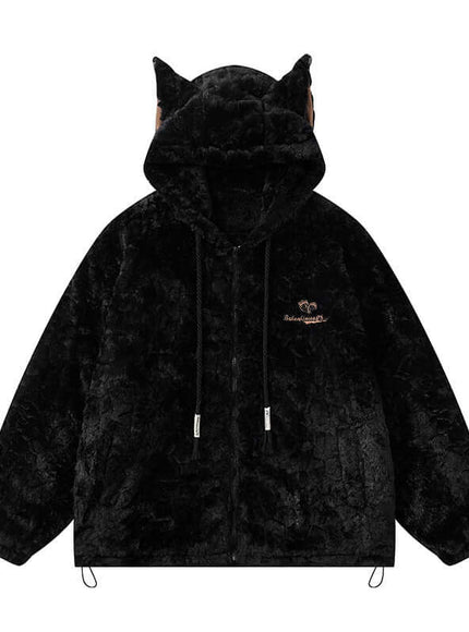 White fur collar cat ear jacket with Grozavu logo