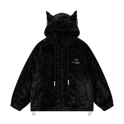 White fur collar cat ear jacket with Grozavu logo