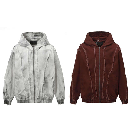 Spray Paint Spliced Jacket – Casual Fit showcasing a gray and red spliced design, perfect for urban street style.