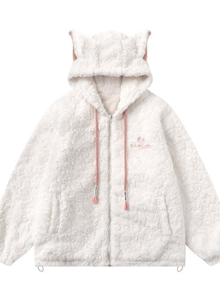 Model wearing White fur collar cat ear jacket by Grozavu