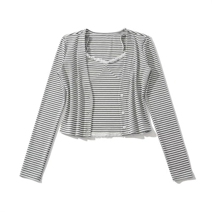 Top de Cárdigan de Manga Larga con Cuello en V a Rayas Dulces para Mujeres con Cuello Volante, Conjunto de Camisón Ajustado de Parches