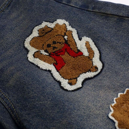 Vintage Washed Cartoon Embroidered Jeans featuring playful bear towel embroidery design.