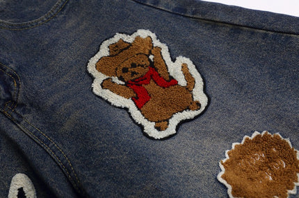 Vintage Cartoon Towel Embroidery Washed Knife-Edge Jeans Pants