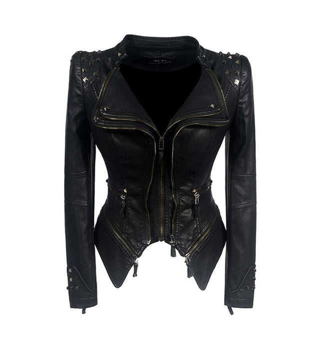Gothic Chic: Women's Faux Leather Motorcycle Jacket - Winter Essential!