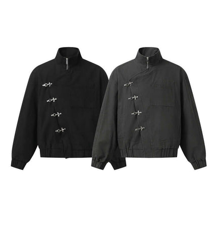 Stand Collar Casual Jacket – Loose Fit in gray and black, featuring a stand collar and full zipper closure.